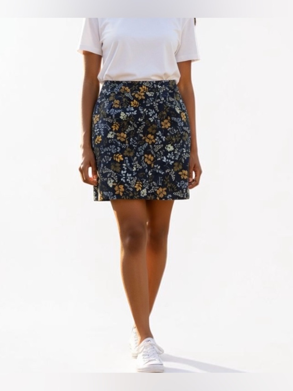 Talbots Corduroy A-Line Skirt Sz 2 Navy Floral Print Stretch Side Zip Pockets